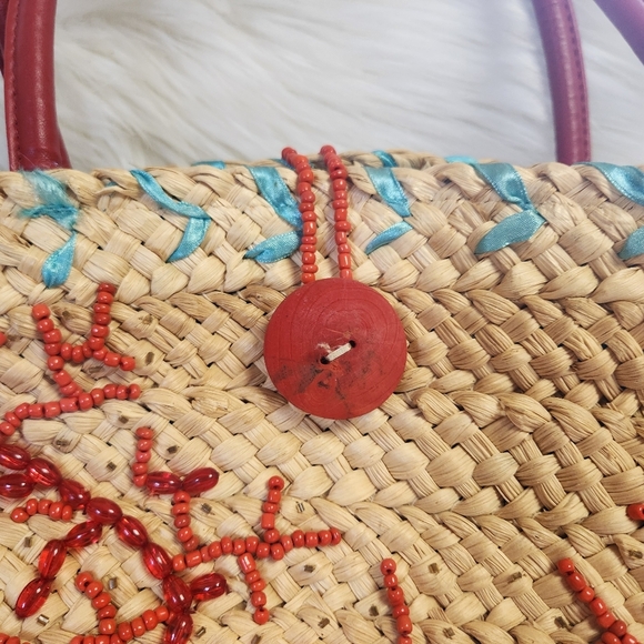 Vintage Woven Straw Raffia Purse Tote Bag Beaded Ocean Red Coral Beach 1970s - Picture 4 of 11